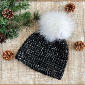 Handmade Crochet Black Silver Beanie Pom Pom Hat